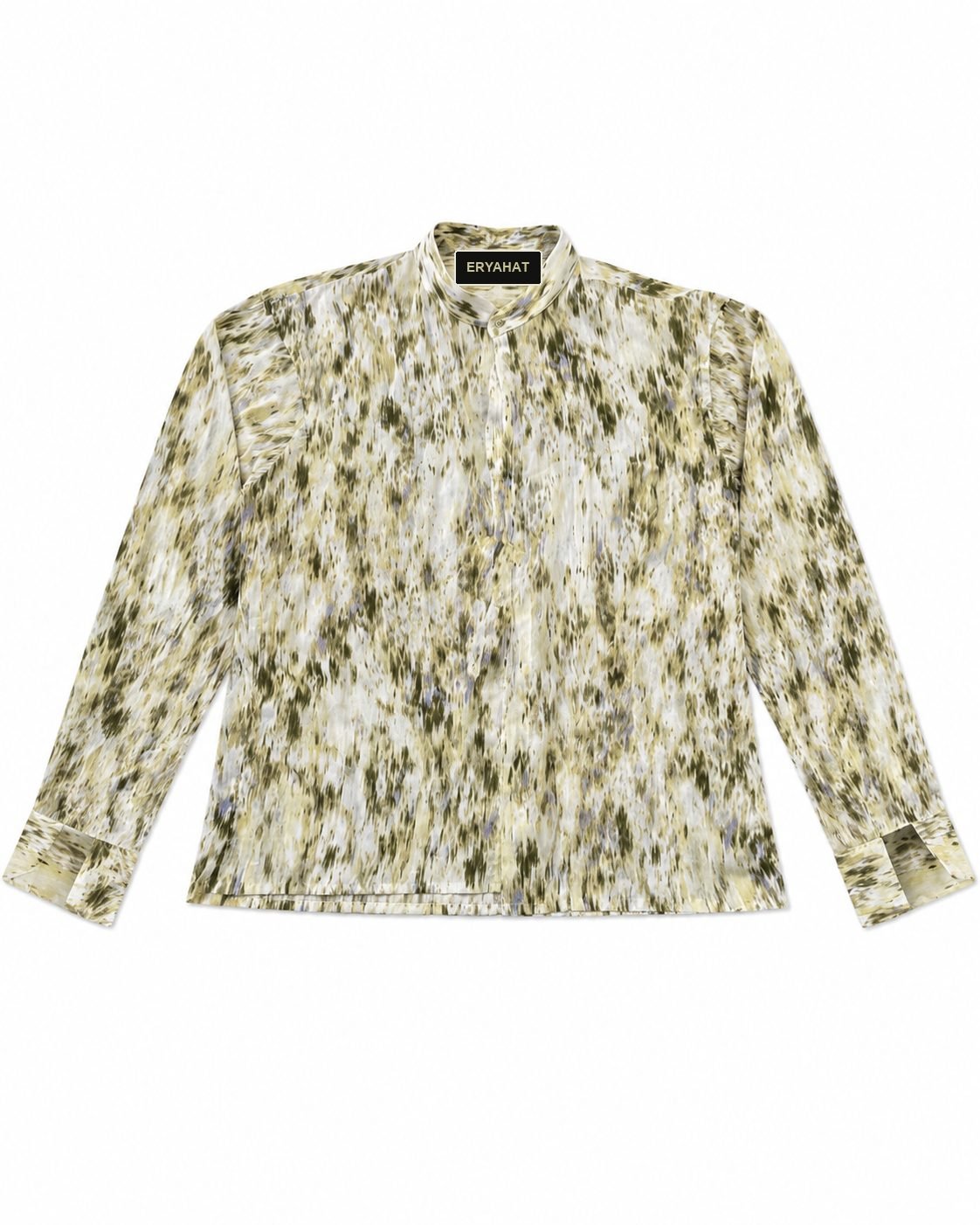 Band-Collar Botanical Shirt (Charcoal Trim)
